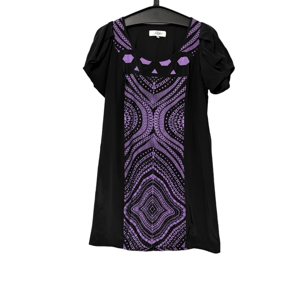 Tibi Black Purple Geometric Silk Puff Sleeve Mini Dress Size 6 Party Grunge Punk